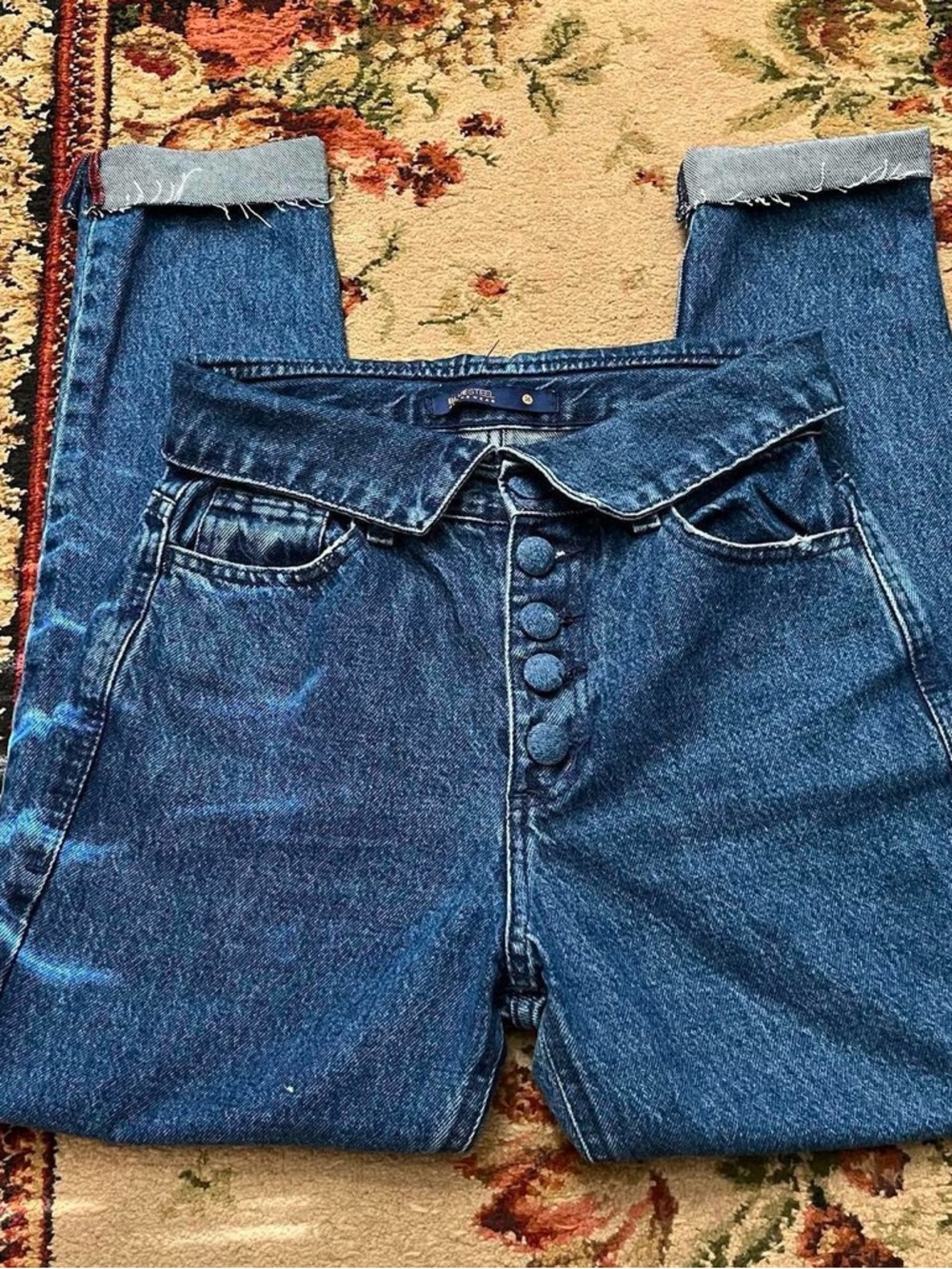 Blue Steel Jeanswear 80s dark wash foldover waist high rise jeans